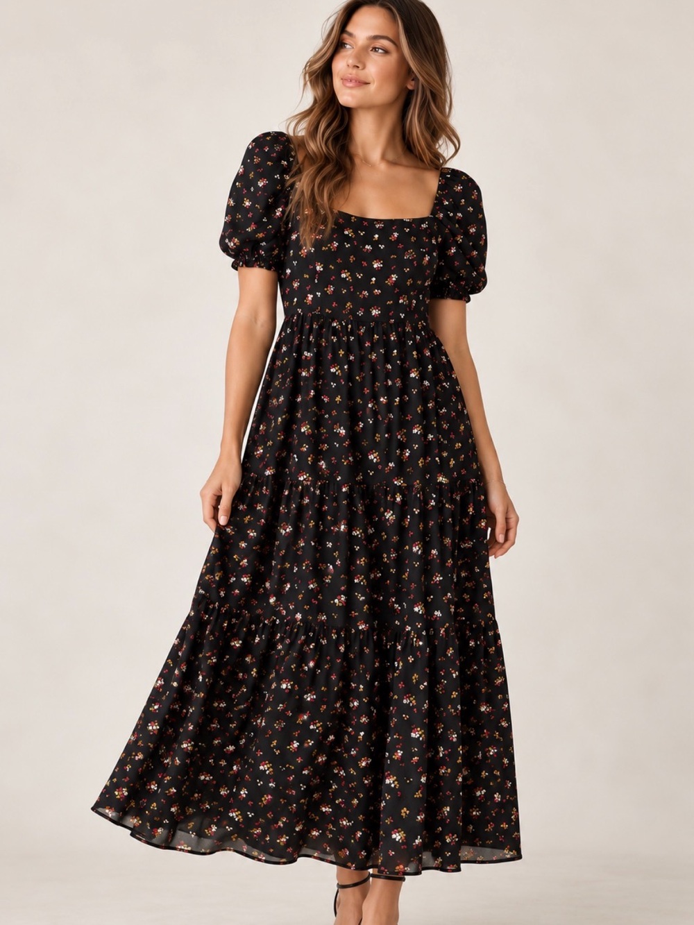 Park & Fifth Black Floral Puff-Sleeve Midi Dress - size Small